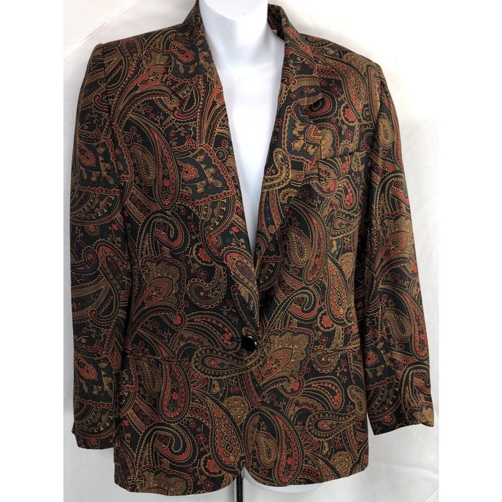 Vintage Jh Collectibles 100% Silk Blazer Jacket 2 Brown Paisley Retro Career 90s